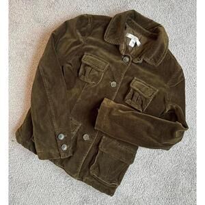 LOFT Dark Olive Velvet Quilted Button-Up Jacket SP